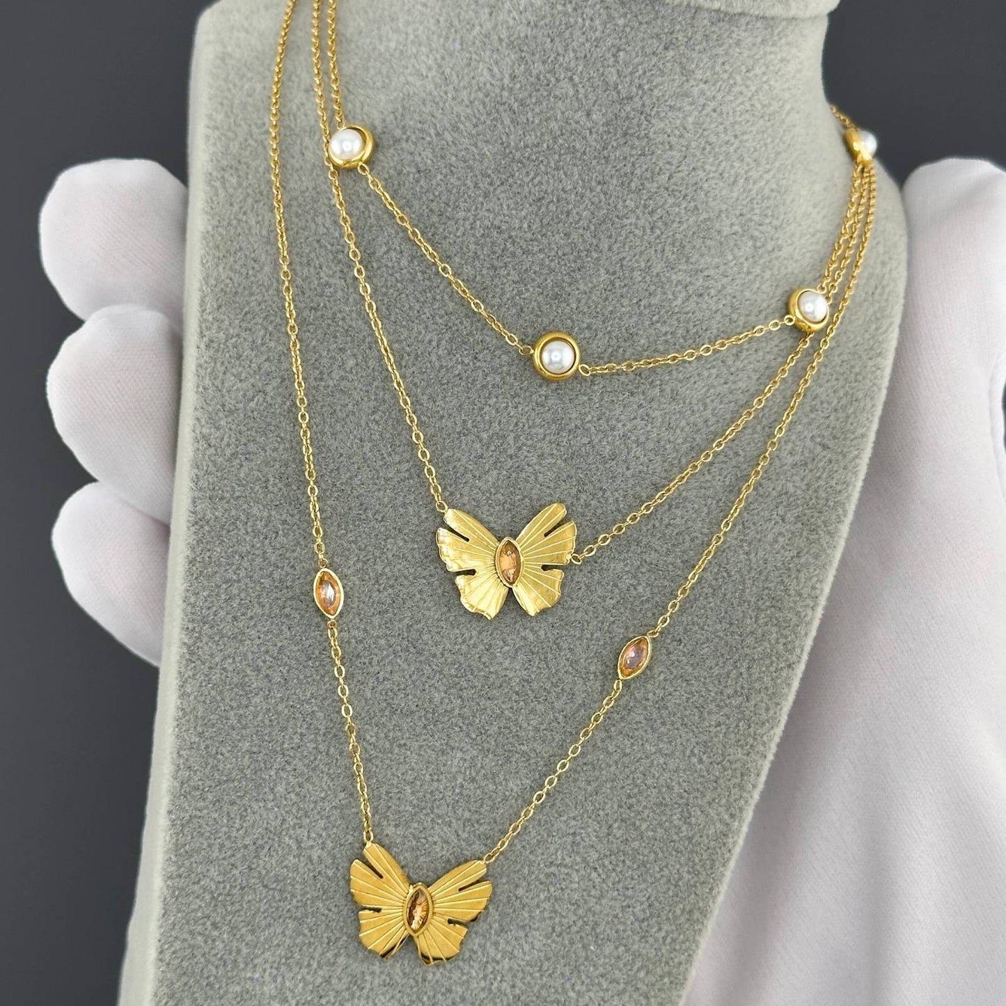 Butterflies Necklace, 18K Gold Plated Steel