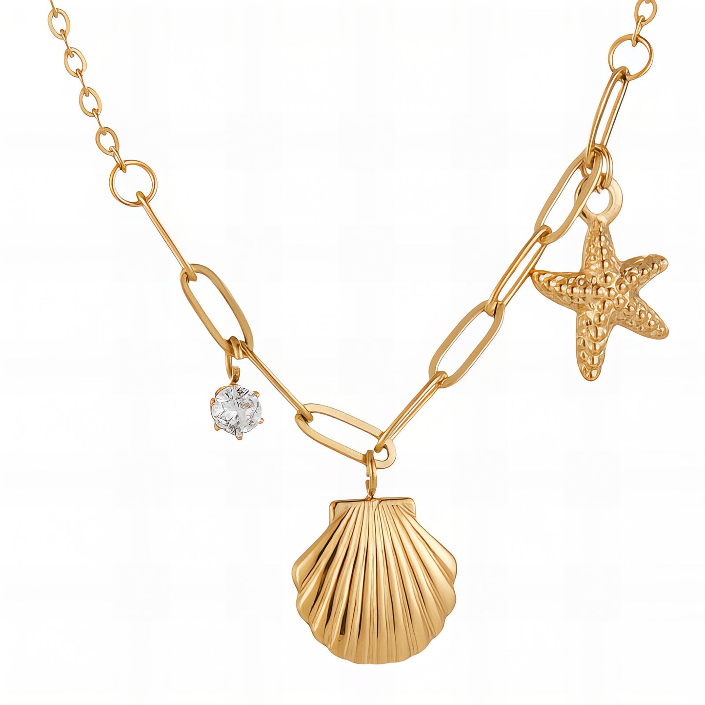 Starfish and Seashell Necklace, 18K Gold Plated Steel
