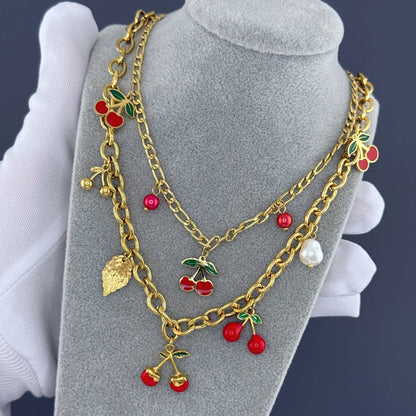 Cherry Necklace, 18K Gold Plated Steel