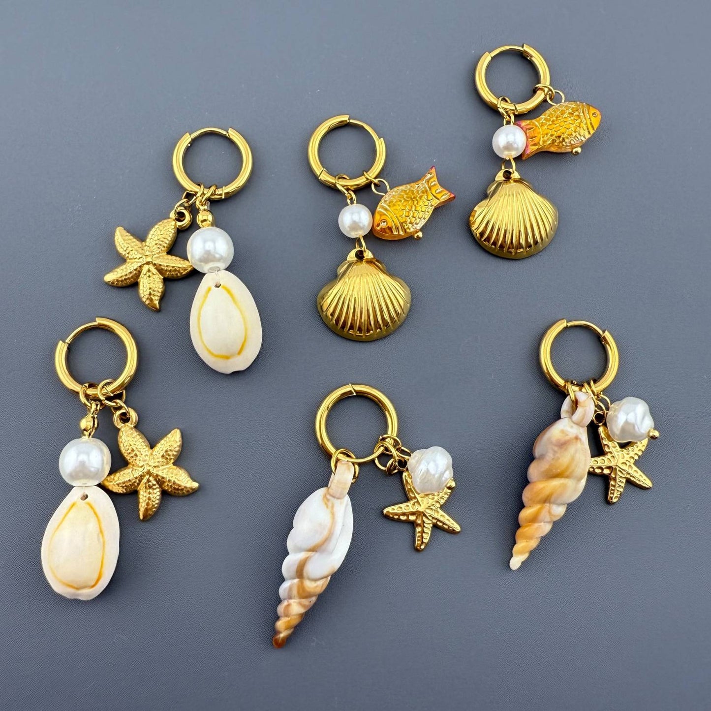 Starfish And Seashell Earrings, 18K Gold Plated Steel