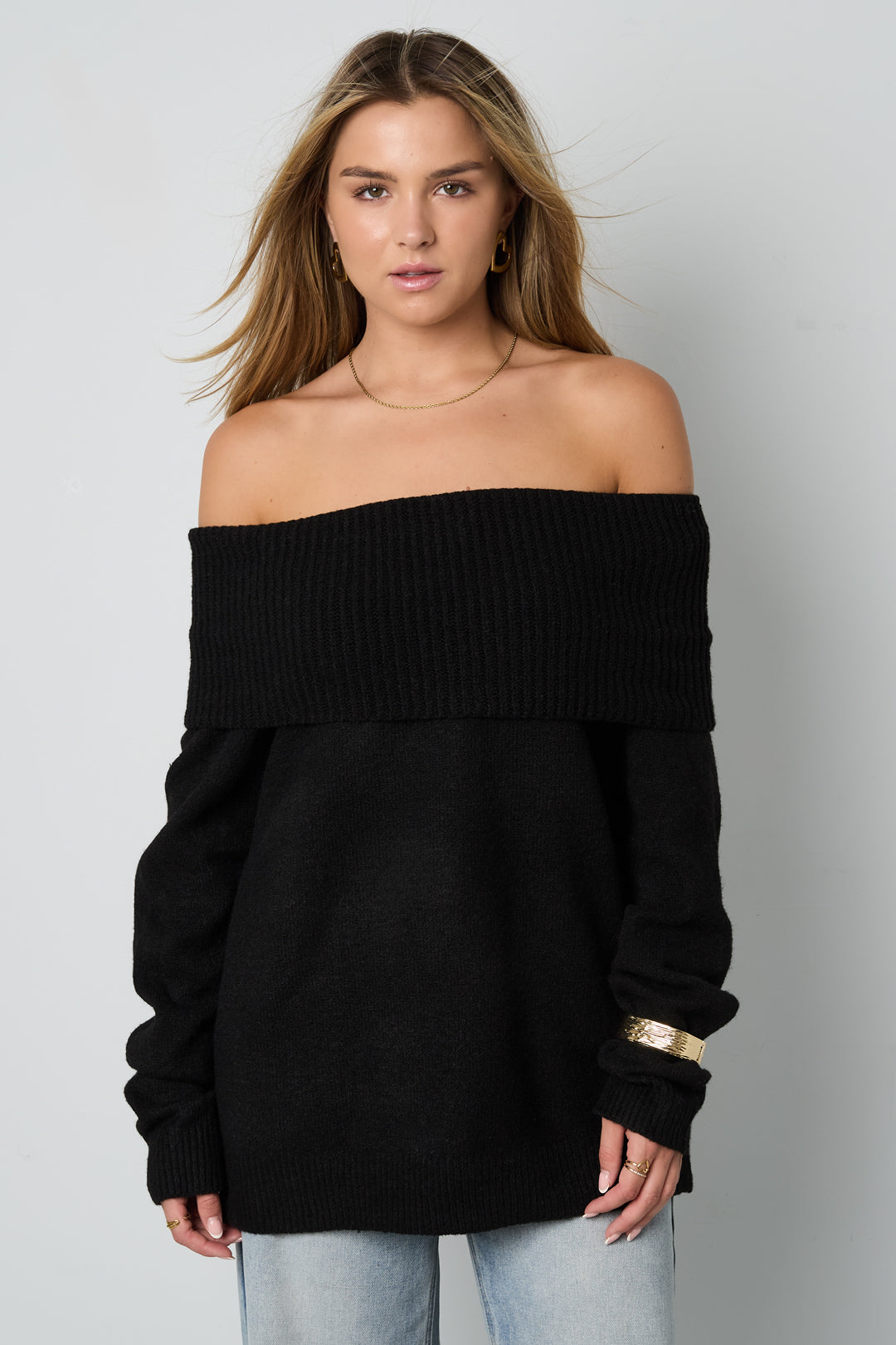 Gebreide Polyestervezel Vrouwen Off-Shoulder Trui Elegant Solide Kleur