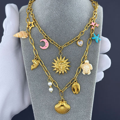 Crescent And Sun Necklace, 18K Gold Plated Steel