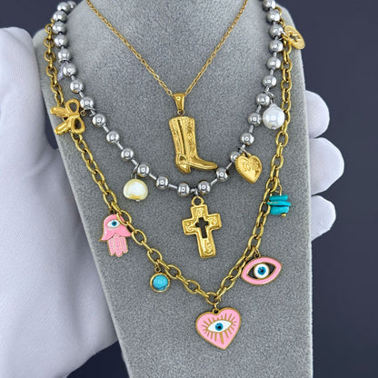 Evil Eyes Necklace, 18K Gold Plated Steel