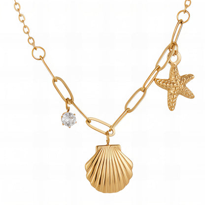 Starfish and Seashell Necklace, 18K Gold Plated Steel