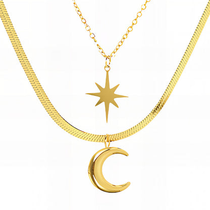 Crescent And Star Necklace, 18K Gold Plated Steel