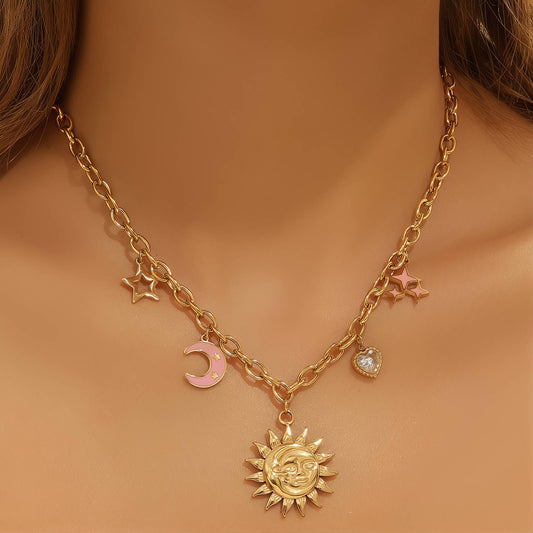Crescent And Sun Necklace, 18K Gold Plated Steel