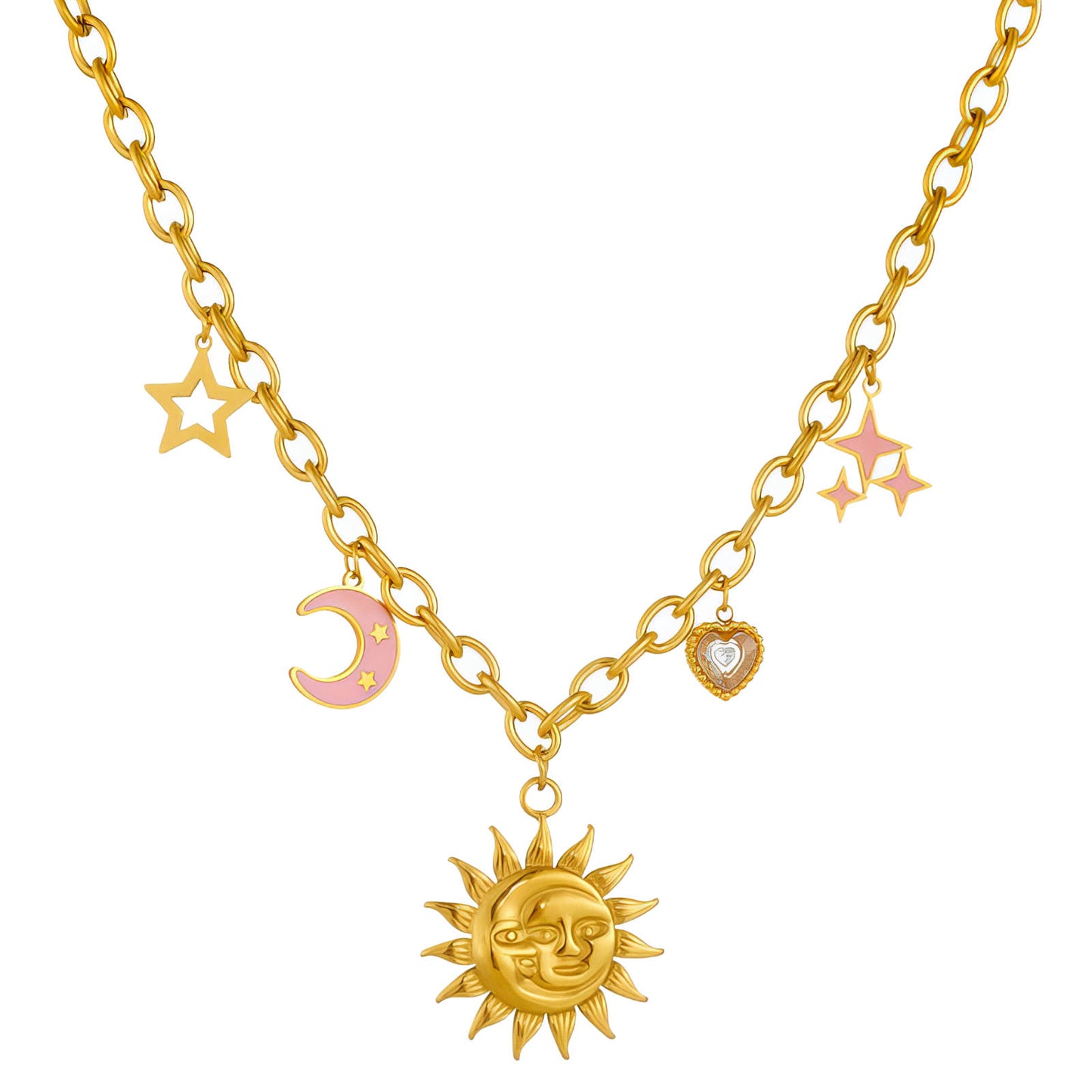 Crescent And Sun Necklace, 18K Gold Plated Steel