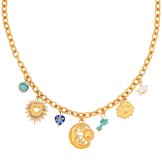 Crescent And Sun Necklace, 18K Gold Plated Steel