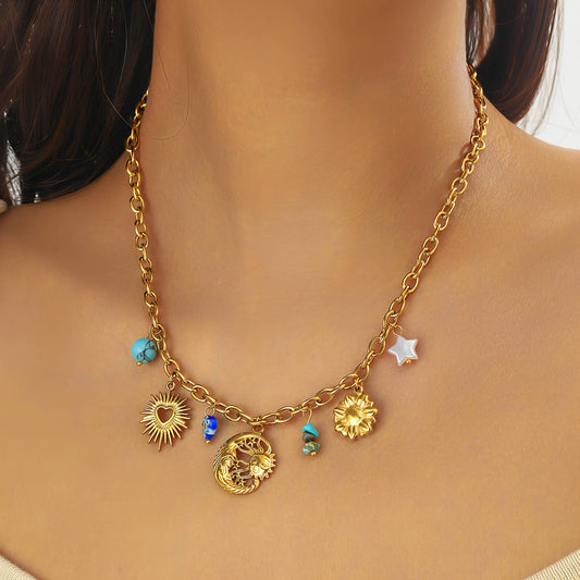 Crescent And Sun Necklace, 18K Gold Plated Steel