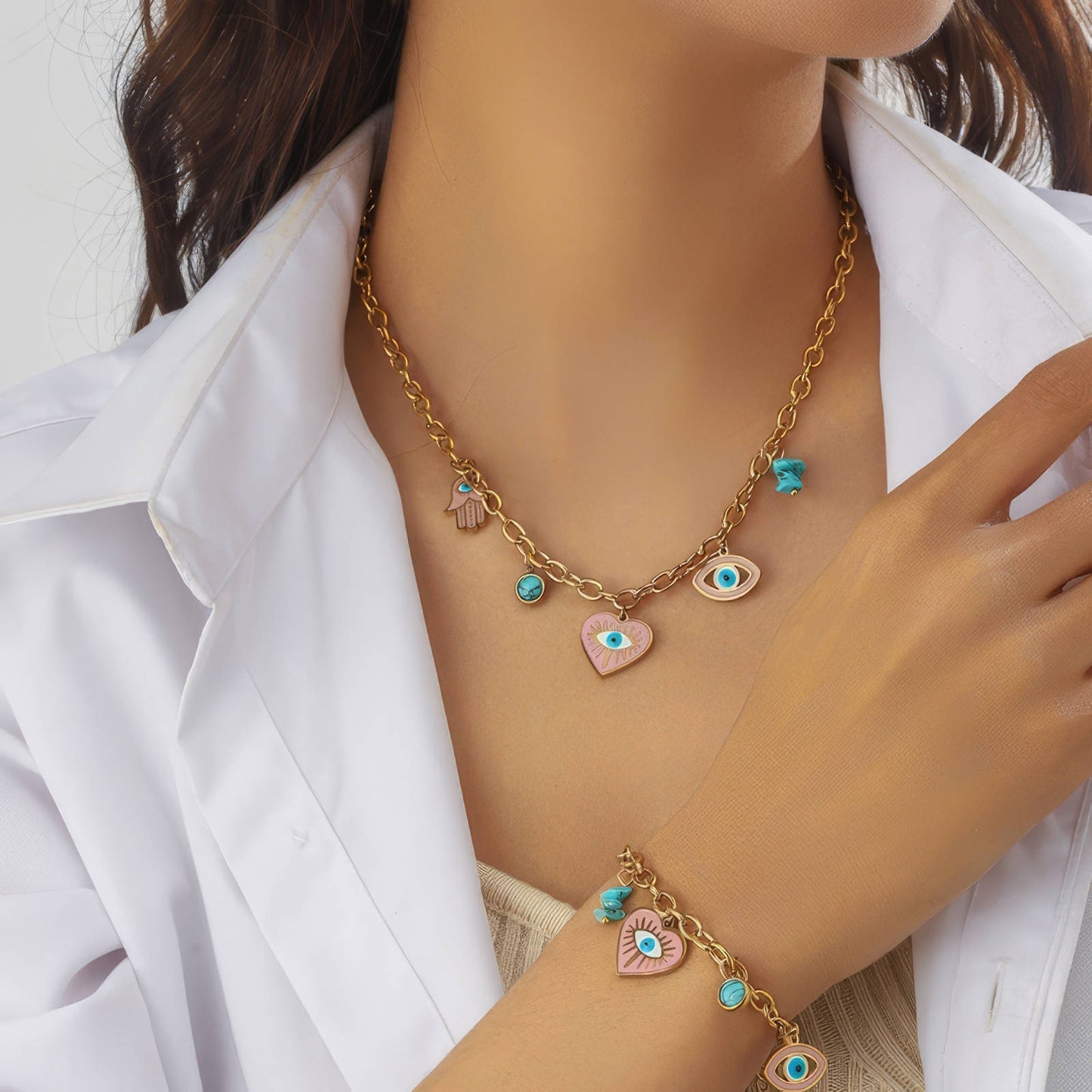 Evil Eyes Necklace, 18K Gold Plated Steel