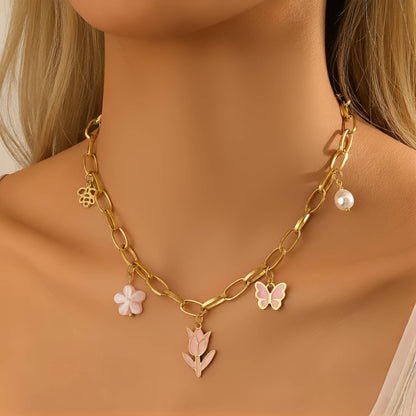 Flowers Necklace, 18K Gold Plated Steel