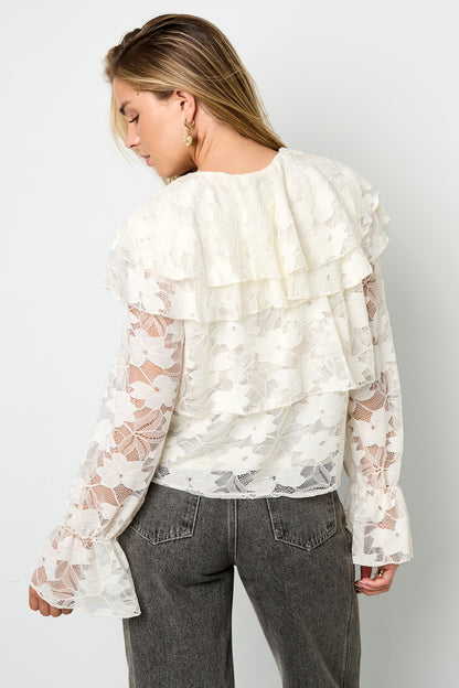 Geweven Polyestervezel Vrouwen Overhemd Elegante Bloemenprint Kantenpaneel