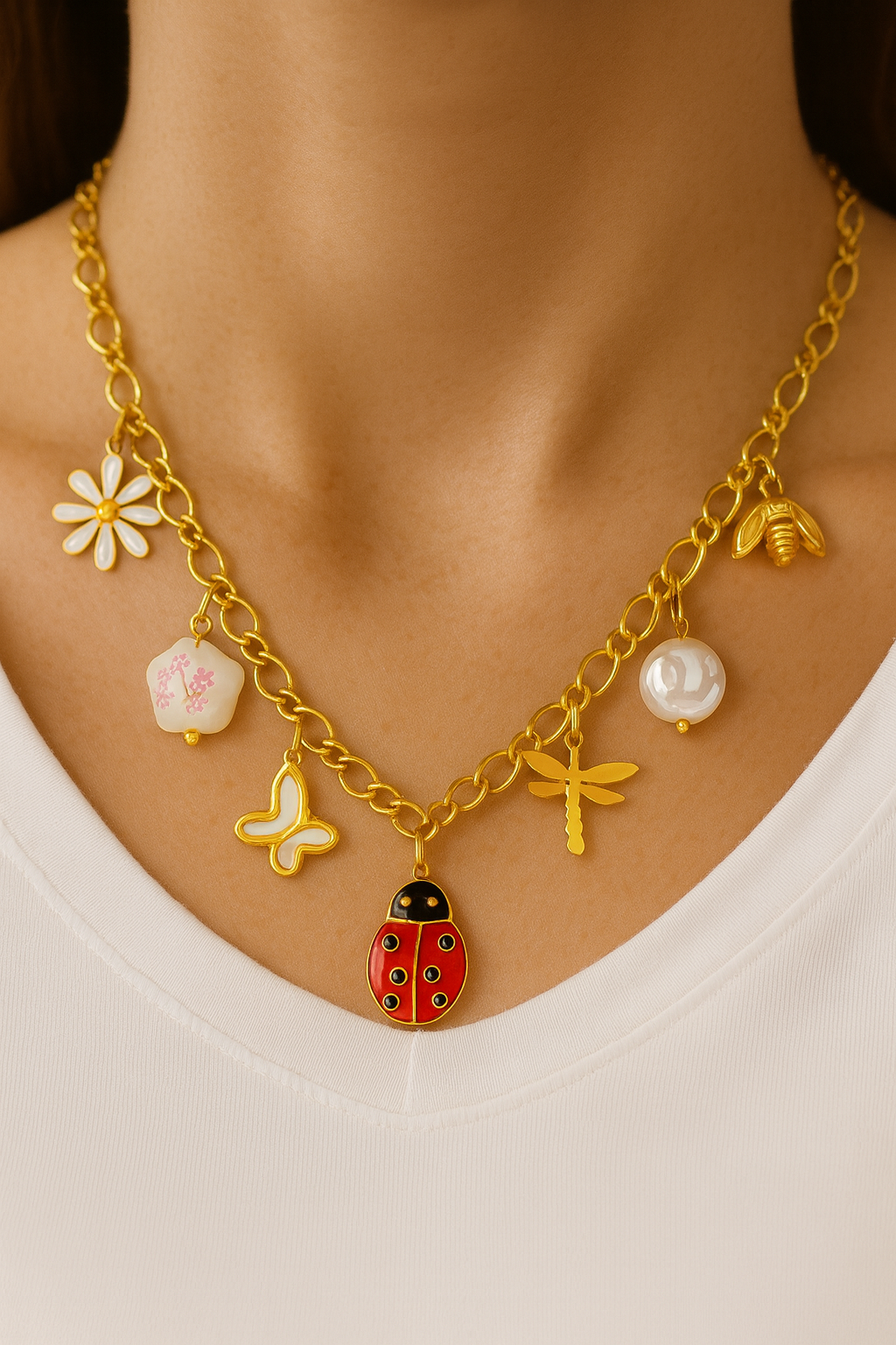 Ladybug Necklace, 18K Gold Plated Steel