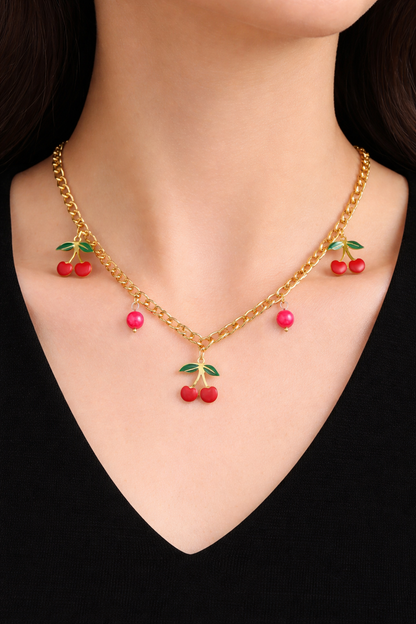 Cherry Necklace, 18K Gold Plated Steel