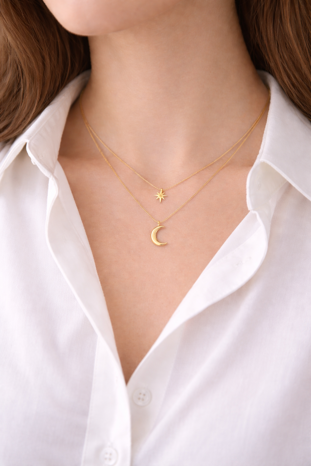 Crescent And Star Necklace, 18K Gold Plated Steel