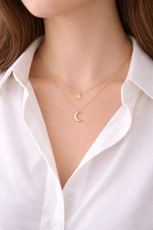 Crescent And Star Necklace, 18K Gold Plated Steel