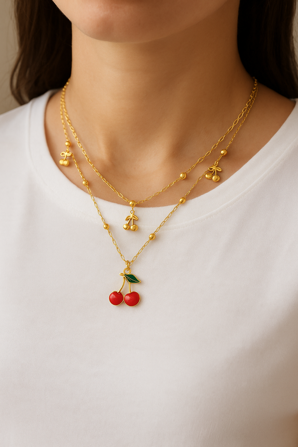Cherry Necklace, 18K Gold Plated Steel
