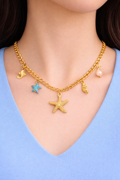 Starfishes Necklace, 18K Gold Plated Steel