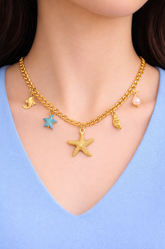 Starfishes Necklace, 18K Gold Plated Steel