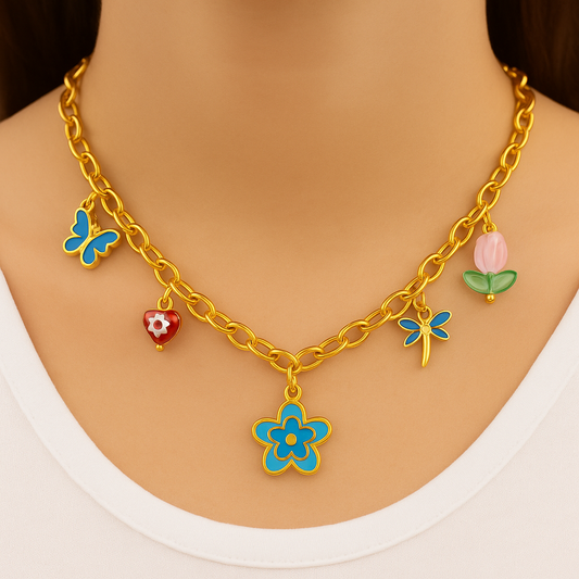 Flowers Necklace, 18K Gold Plated Steel